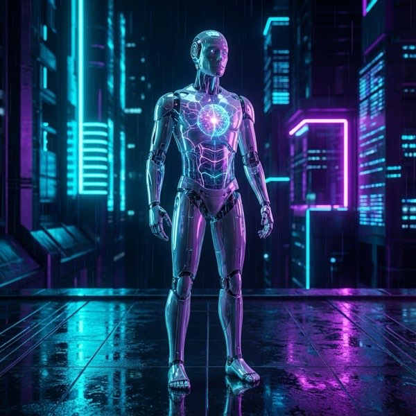 Futuristic android in a neon cyberpunk city